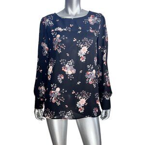 LOFT Black Floral Long Sleeve Back Cutout Blouse L